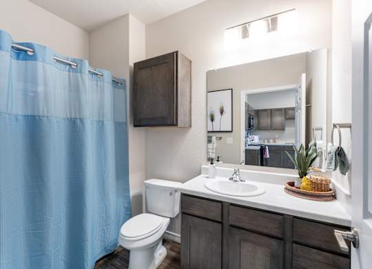 A bathroom with a white toilet, a sink, a mirror, and a blue shower curtain.