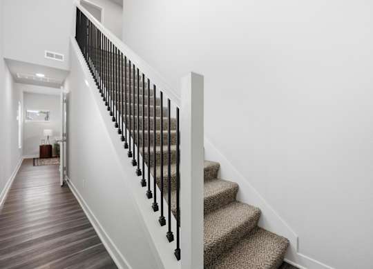 A staircase with a beige carpeted runner and black balusters.