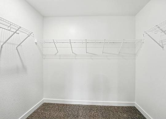 A white closet with a carpeted floor and two wire shelves.