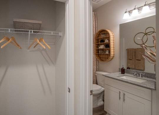 Secondary Bathroom with single vanity and closet.