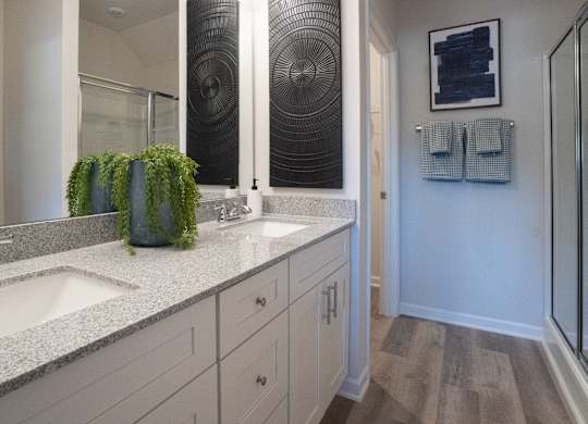 Tuscon Primary bathhroom with double vanity and walk-in shower.