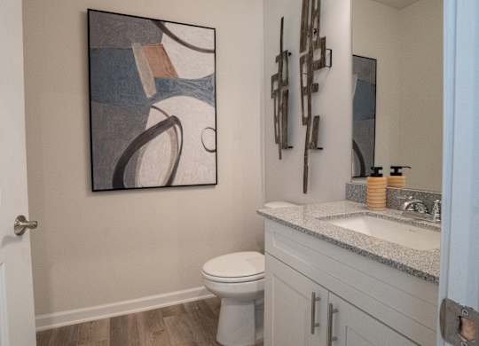 Secondary bathroom with single vanity and tub shower