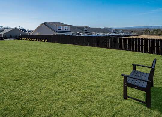 A black chair is on a grassy lawn with a house in the background.