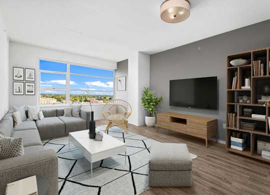 an apartment living room with a couch and a tv