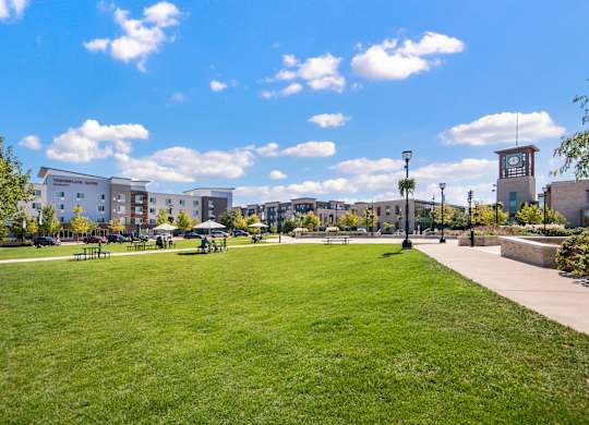 A park with a grassy area and a clock tower in the background.