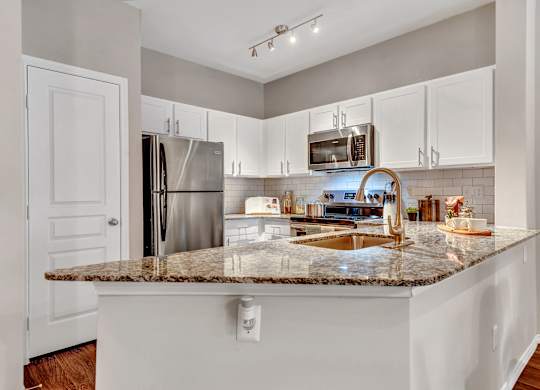 A kitchen with a granite countertop and stainless steel appliances.