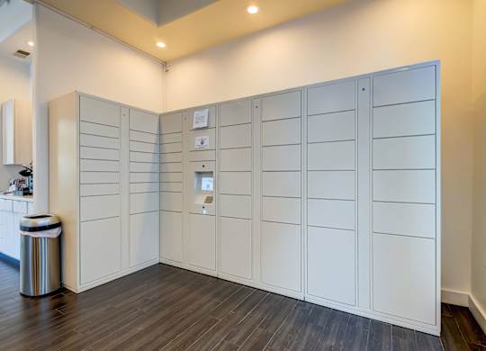 A room with a white wall and a trash can.