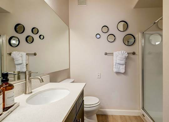 A bathroom with a sink, toilet, mirror, and wall decor.