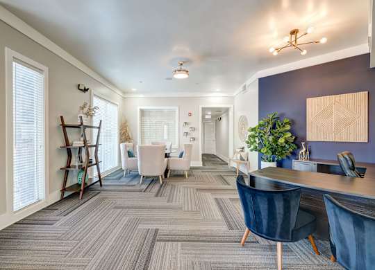 A modern office space with a grey carpet and blue chairs.