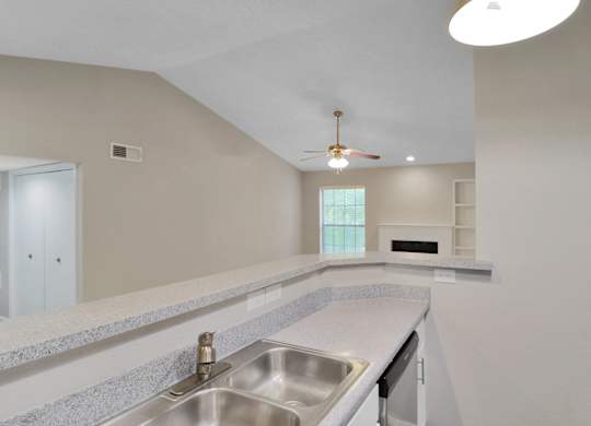A kitchen with a sink and a window.