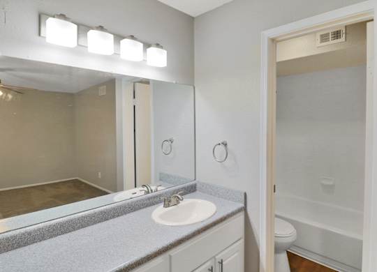 A bathroom with a sink, mirror, and toilet.