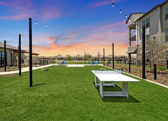a yard with a picnic table and ping pong table