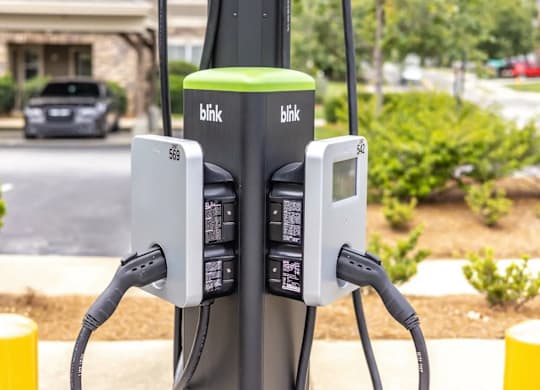 A Blink charging station for electric vehicles is shown with two charging ports.