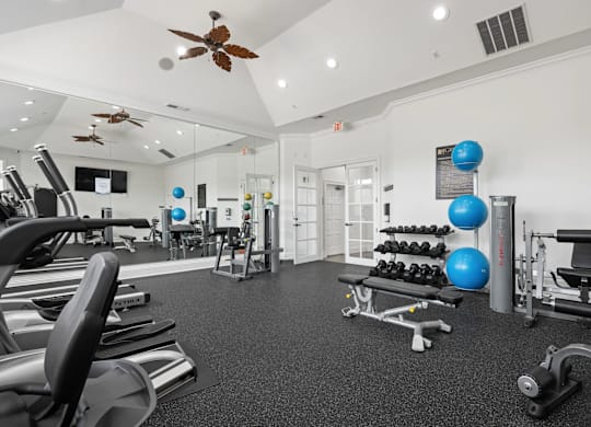 A gym with a variety of equipment including treadmills, weights, and a fan.