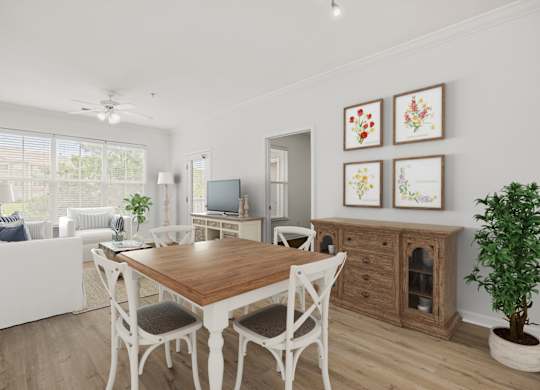 A dining room with a wooden table and chairs.