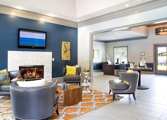 A modern living room with a fireplace and a television.