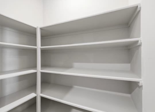 Empty white shelves in a room.