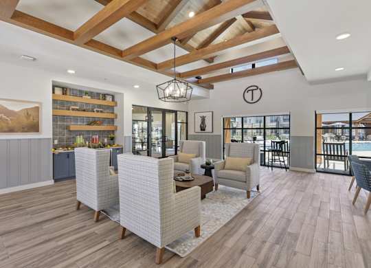 Trailhead leasing office with lounge area and coffee bar