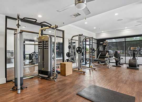 Markethaus 3700 A gym with a variety of equipment including a treadmill, weights, and a bench press.