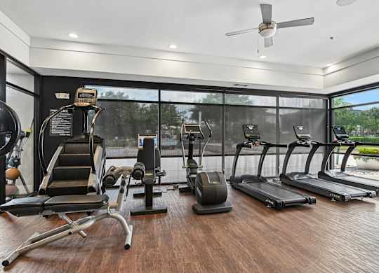 Markethaus 3700 Plano Texas A gym with treadmills, elliptical machines, and a weight bench.