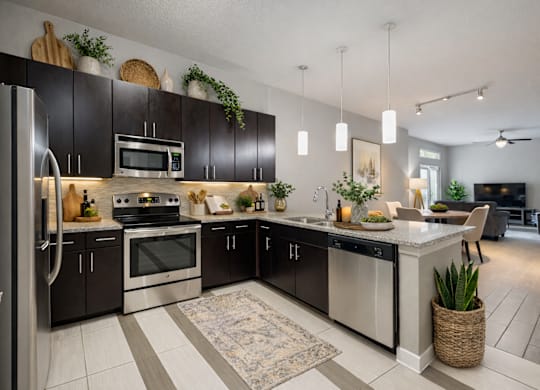A modern kitchen with black cabinets and stainless steel appliances.