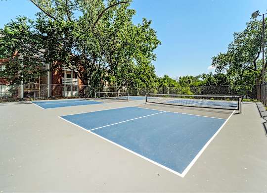 A tennis court surrounded by trees and a fence.
