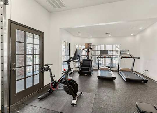 A gym with a treadmill, a stationary bike and a rowing machine.