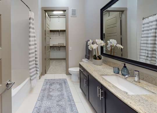 A bathroom with a sink, mirror, and toilet