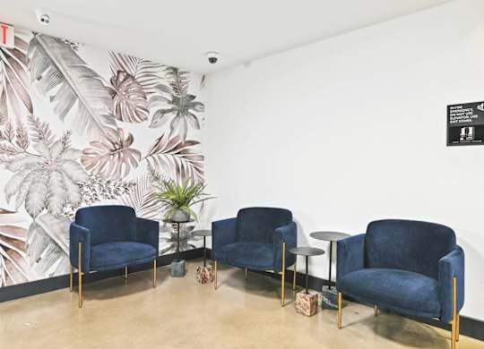 A wall with a mural of leaves and flowers behind three blue chairs.