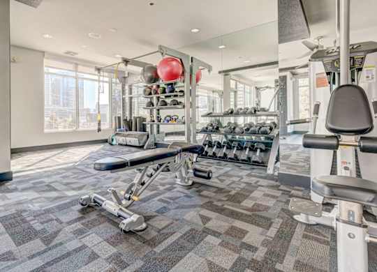 A gym with a variety of equipment including weights and a rowing machine.