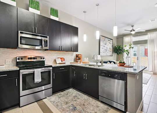 A modern kitchen with black cabinets and stainless steel appliances.