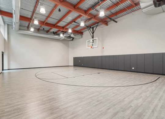 A basketball court with a wooden floor and a basketball hoop.