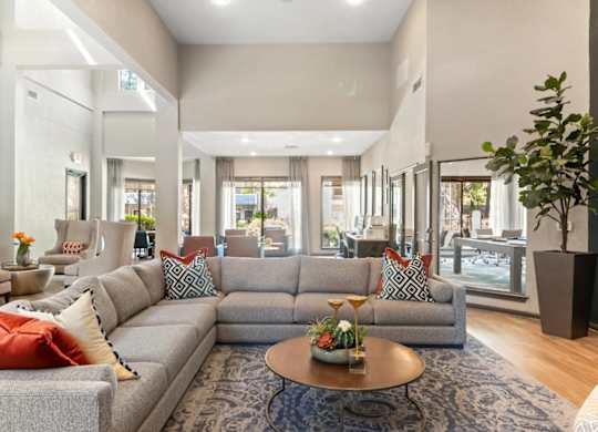 A living room with a grey sofa and a coffee table.