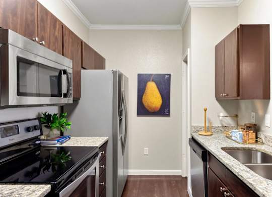 A kitchen with a black stove top oven and a black microwave.