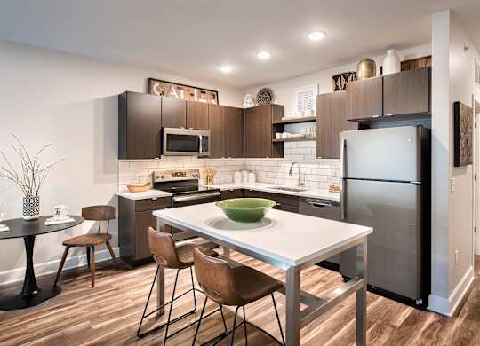 Luxury Apartments Near Union Station, Berkley Riverfront, MO - Union Berkley - Kitchen with Wood-Style Flooring, Flat-Panel Cabinetry, Slate-Finish Appliances, and Moveable Island with Seating.