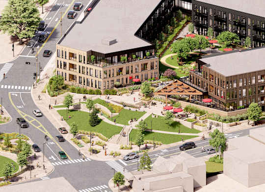 A rendering of a city intersection with a large building in the background.