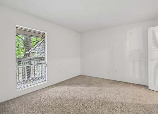 A room with a carpeted floor and a window showing an outdoor view.