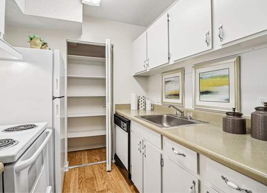 A white kitchen with a refrigerator, sink, and cabinets.