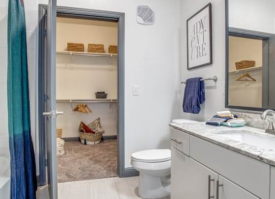Apartment bathroom with modern finishes at Twin Creeks Crossing, apartments in Allen, TX