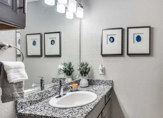 Bright bathroom interior at The Lana, modern apartments in Dallas