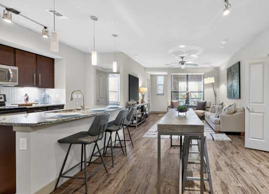 Kitchen with granite counters and stainless steel appliances at The Carson at Twin Creeks, apartments in Allen