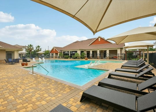 A pool surrounded by sun loungers and umbrellas.