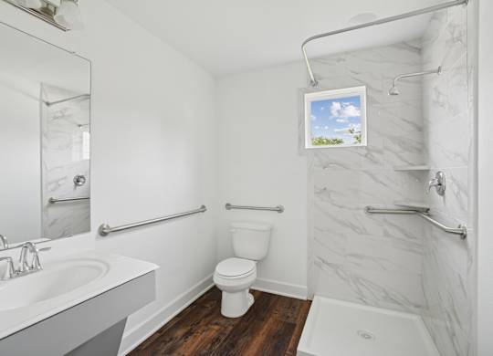 A bathroom with a white sink, toilet, and a shower with a marble wall.