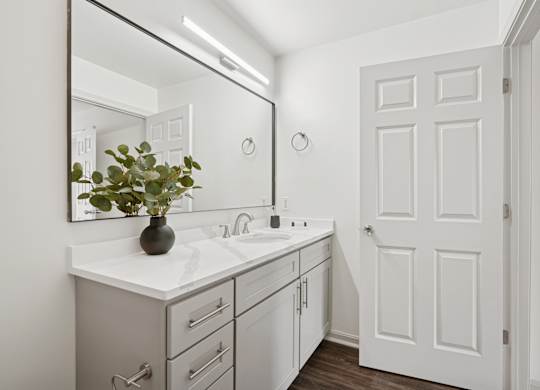 A bathroom with a white door and a mirror above a sink.
