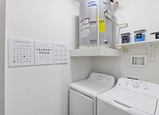 A laundry room with a washer and dryer and a laundry guide.