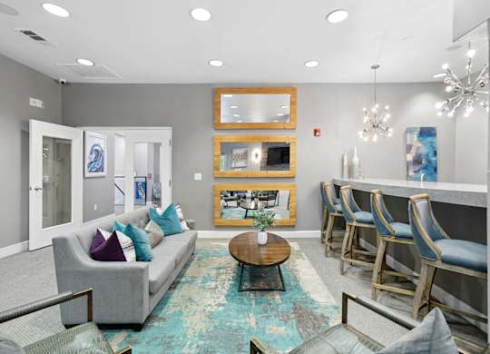 A living room with a grey couch, a coffee table, and a blue rug.