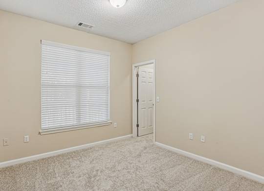 A room with a carpeted floor, a window with blinds, and a closed door.