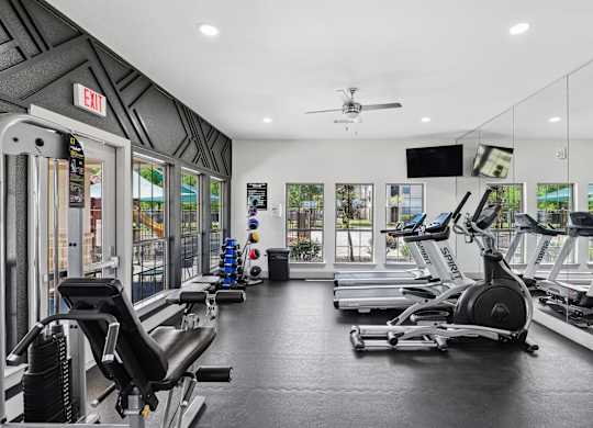 A gym with a row of treadmills and elliptical machines.