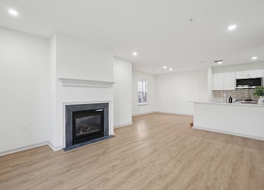 A modern living room with a fireplace and wooden floors.