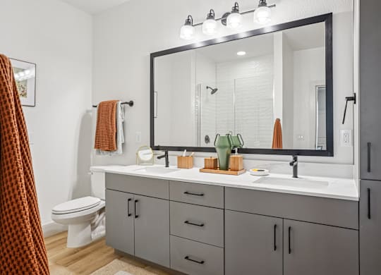 A bathroom with a toilet, sink, and mirror.